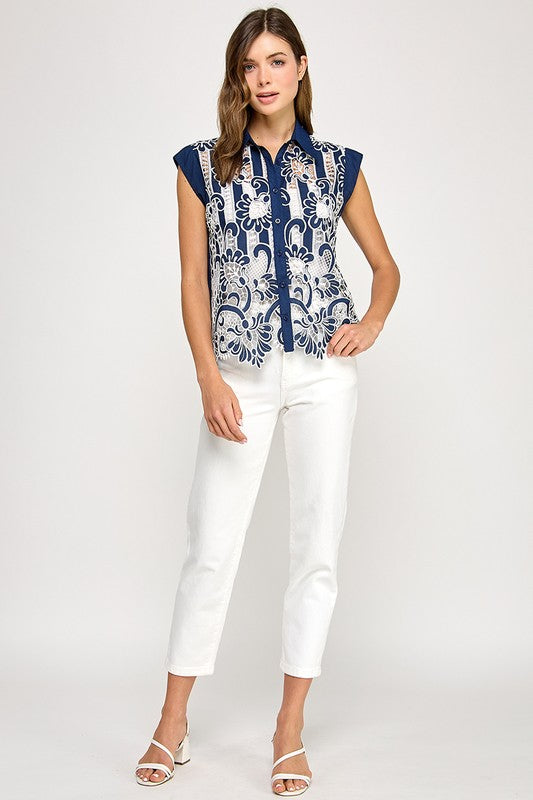 Navy Crochet Top