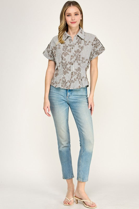 Pre-order June 29 Taupe Floral Embroidery Shirt