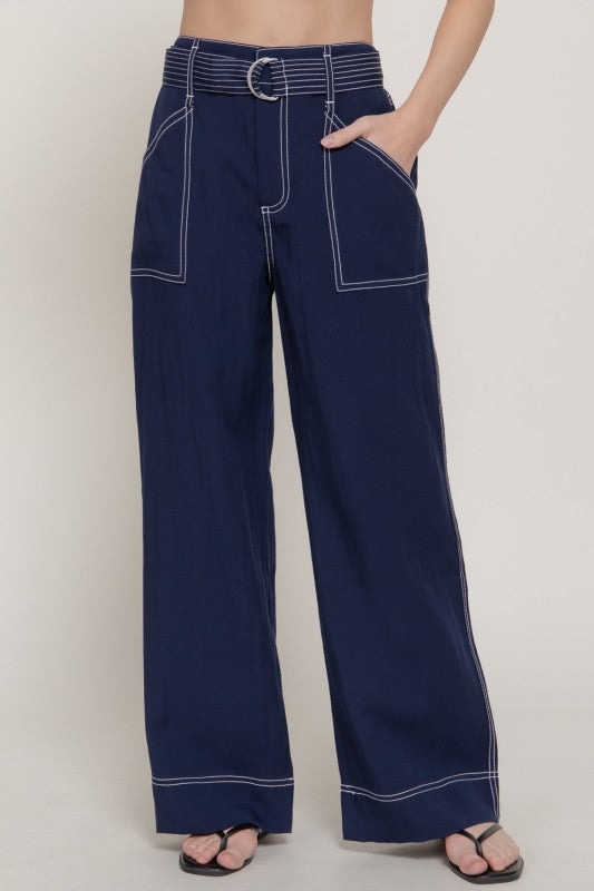 Navy Woven Wide Leg Pant (No Spandex)