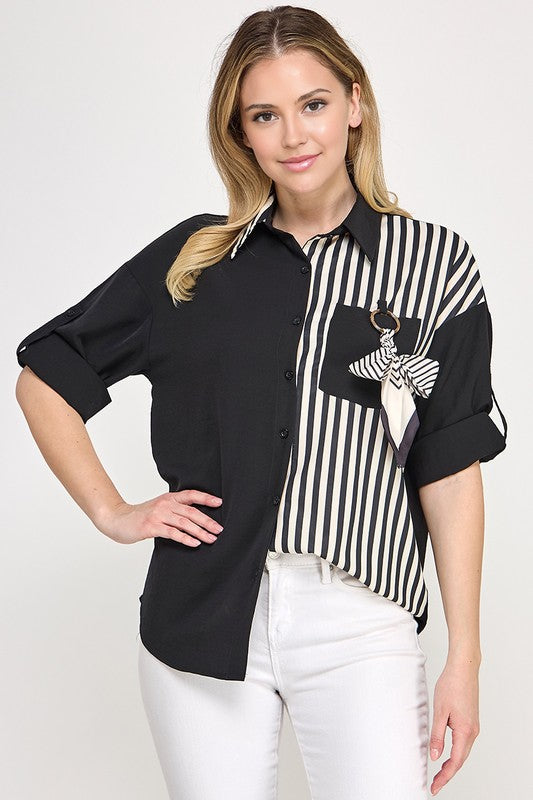 Black Color Block Ribbon Shirt
