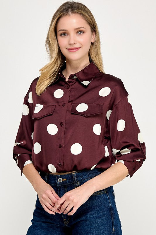 Pre-order Agosto 10 Burgundy Waistband Long Sleeve Satin Shirt