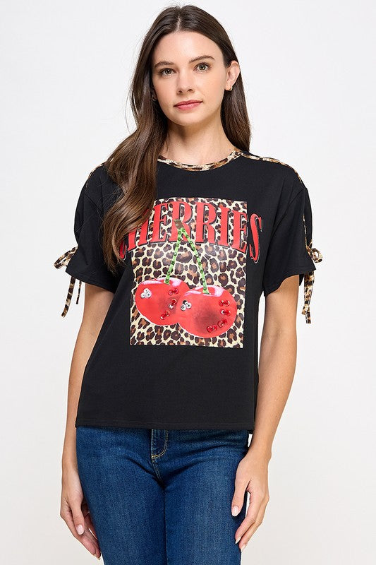 Pre-order Sept 21 Black Animal Print Cherries Graphic T Shirt