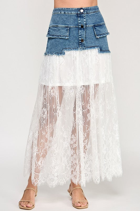 Pre-order mayo 12 White Lace & Denim Skirt