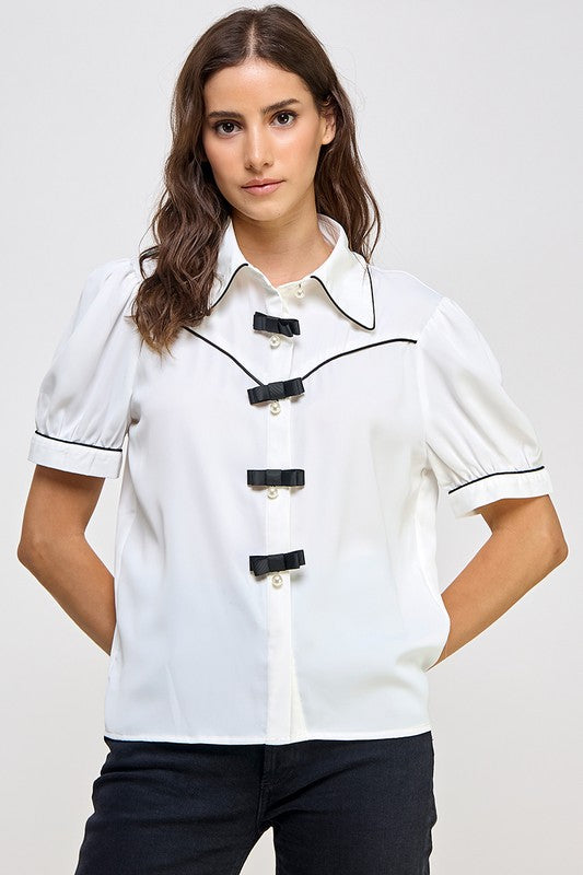 White Mini Ribbon Details Button Down Shirt