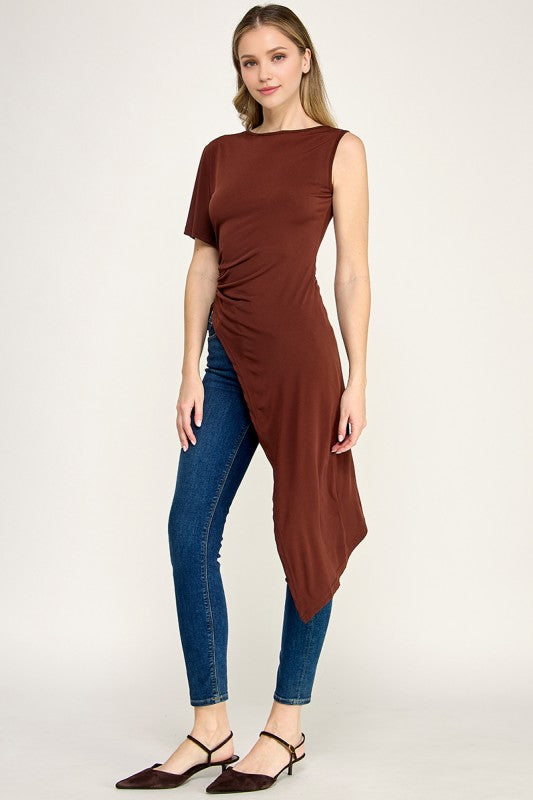 Brown Asymmetrical Tunic T-Shirt