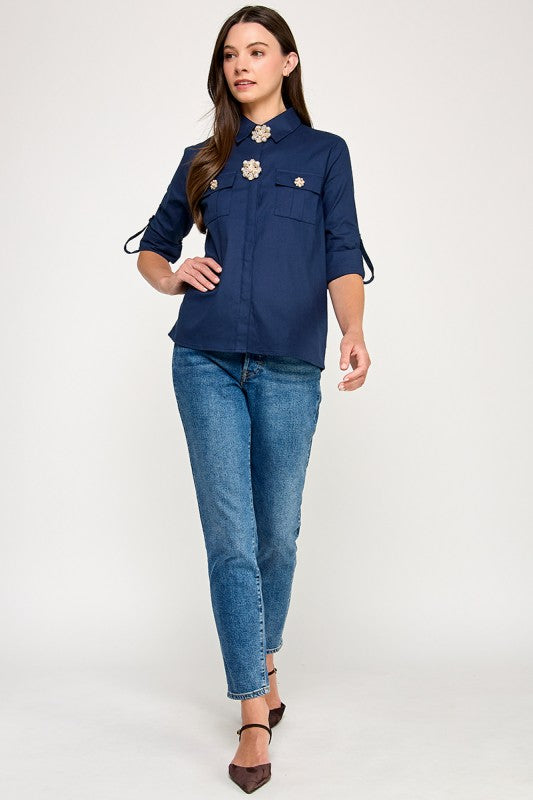 Navy Brooch Details Shirt