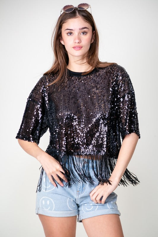 Black Sequin Fringe Top