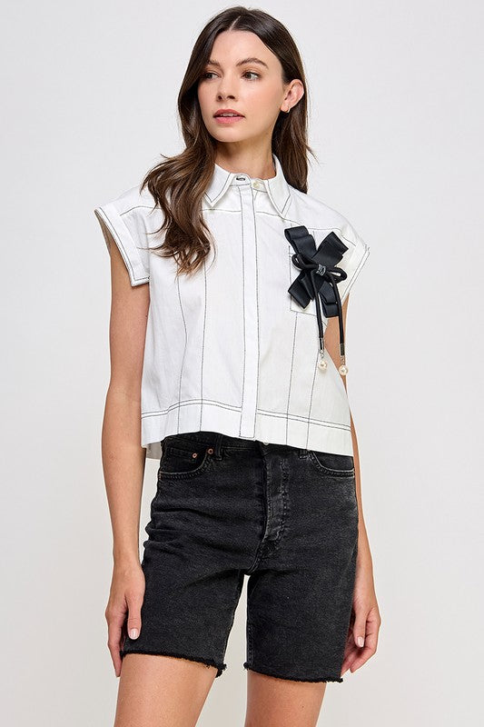 White Shirt with Black Ribbon