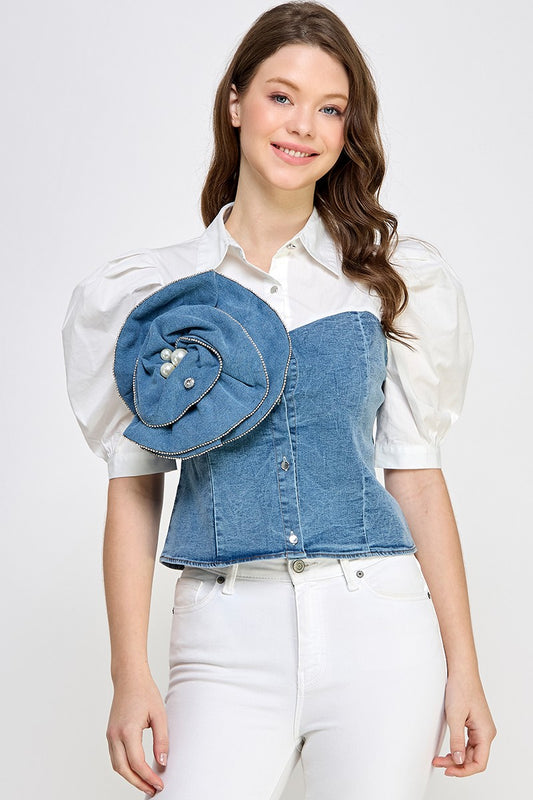 Puffed Sleeve Light Denim Shirt