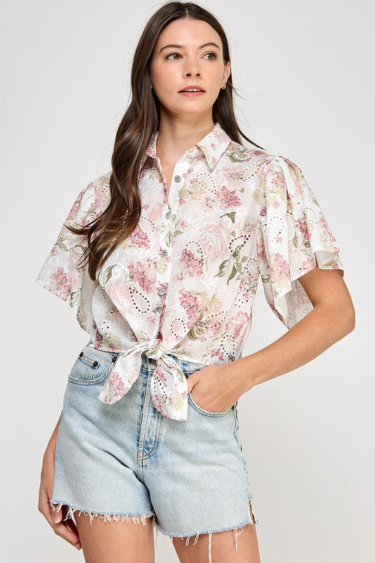 white Keyhole Florals Details Shirt