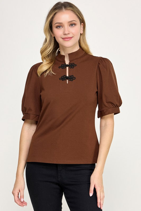 Pre-order Sept 21 Brown Puffed Sleeve Mandarin Top