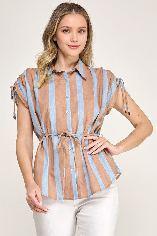 Taupe/Blue Drawstring Stripe Shirt