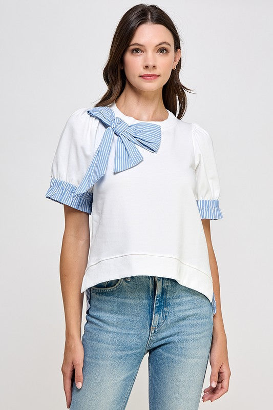 White Ribbon Detail Back Button Down Shirt