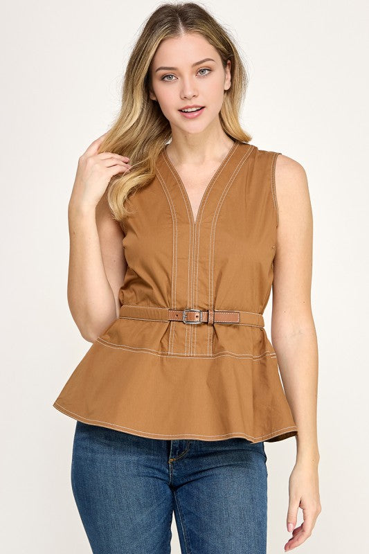 Taupe Peplum Belted Shirt