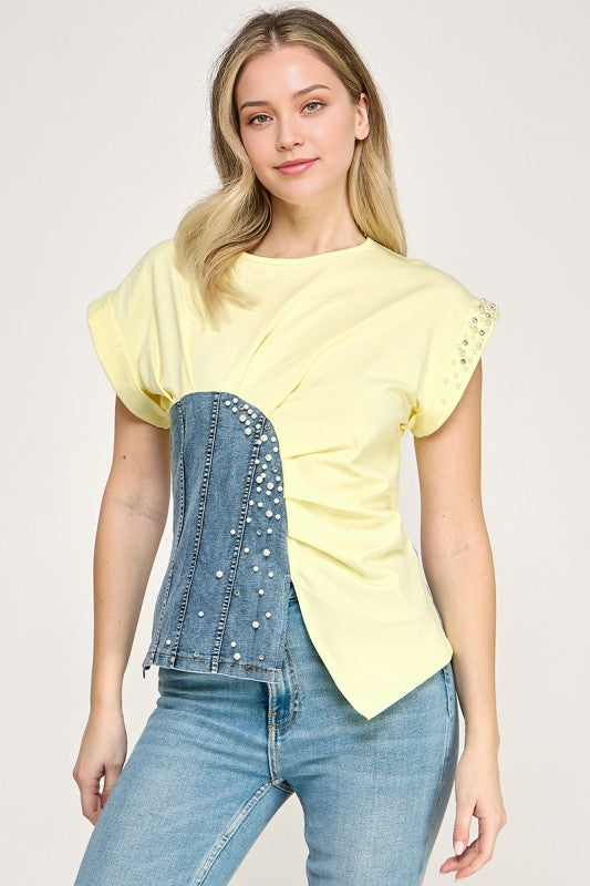 Yellow Color Block Rhinestone T- Shirt