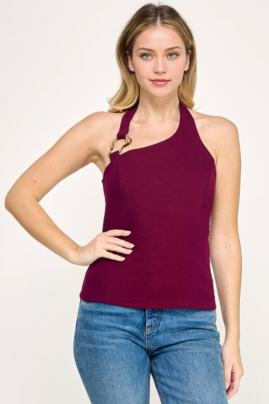 Burgundy Halter Neck Back Smocking Shirt
