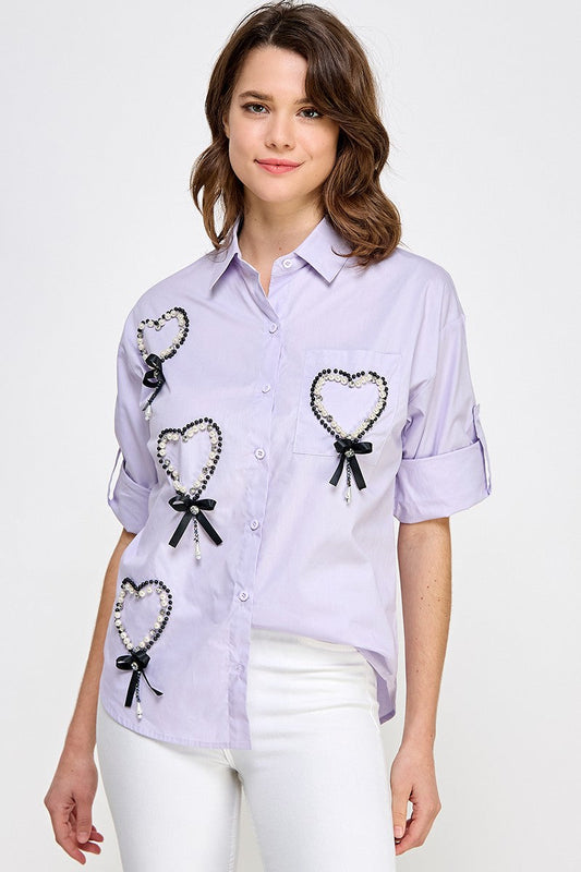 Lavender Hearts in Rhinestone & Pearls details Shirt