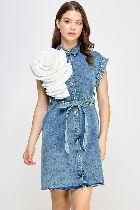 Denim Flower & Pearls Dress