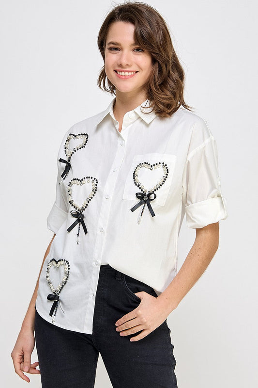 White Hearts in Rhinestone & Pearls details Shirt