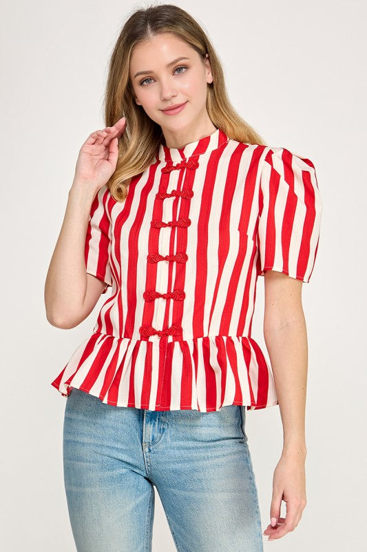 Pre-order Oct 19 Red Puffed Sleeve Mandarin Peplum Shirt