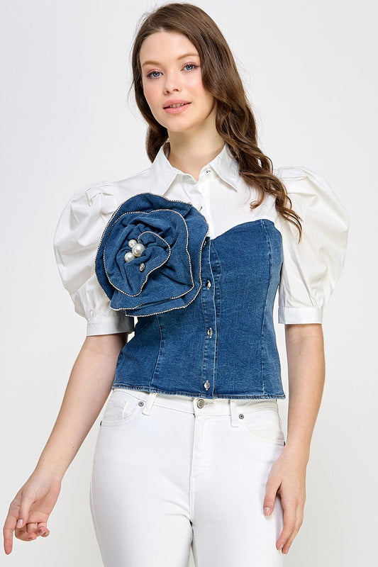 Puffed Sleeve Dark Denim Shirt