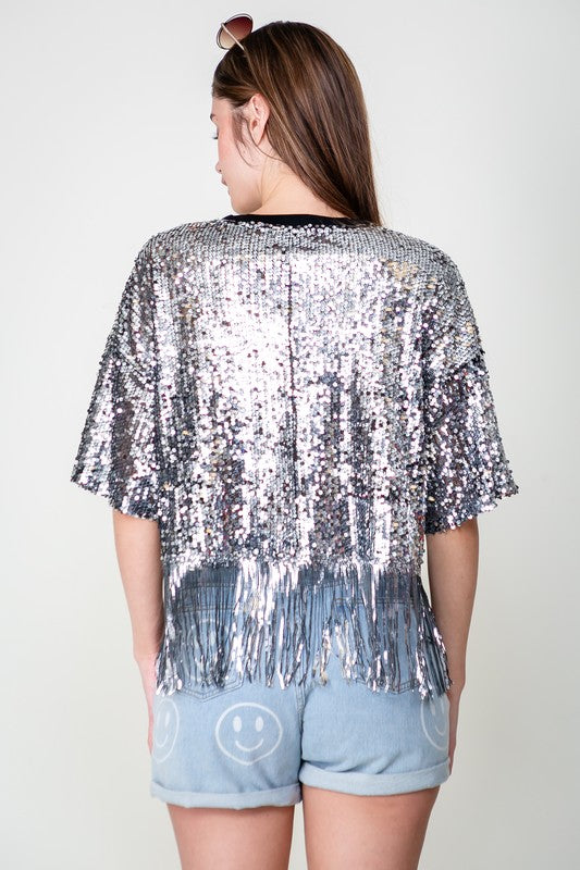 Silver Sequin Fringe Top