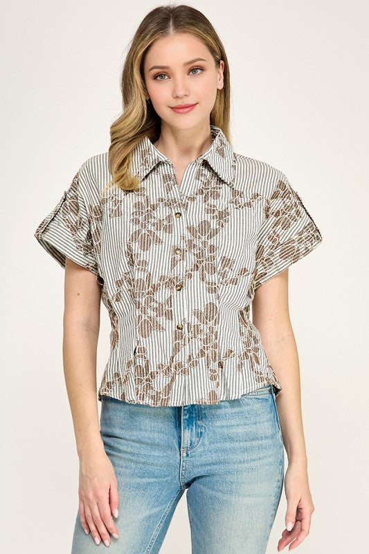 Pre-order June 29 Taupe Floral Embroidery Shirt