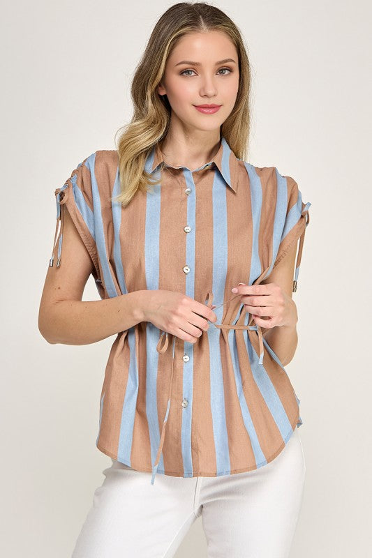 Taupe/Blue Drawstring Stripe Shirt