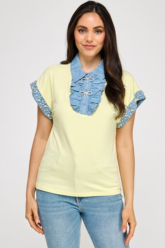 Yellow Rhinestone Detail & Denim Top