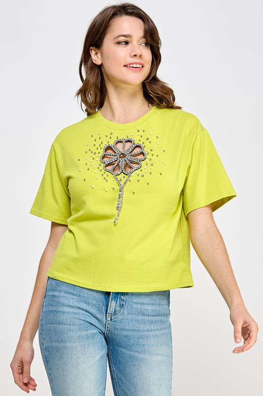 Lime  Flower in Rhinestone details T-Shirt