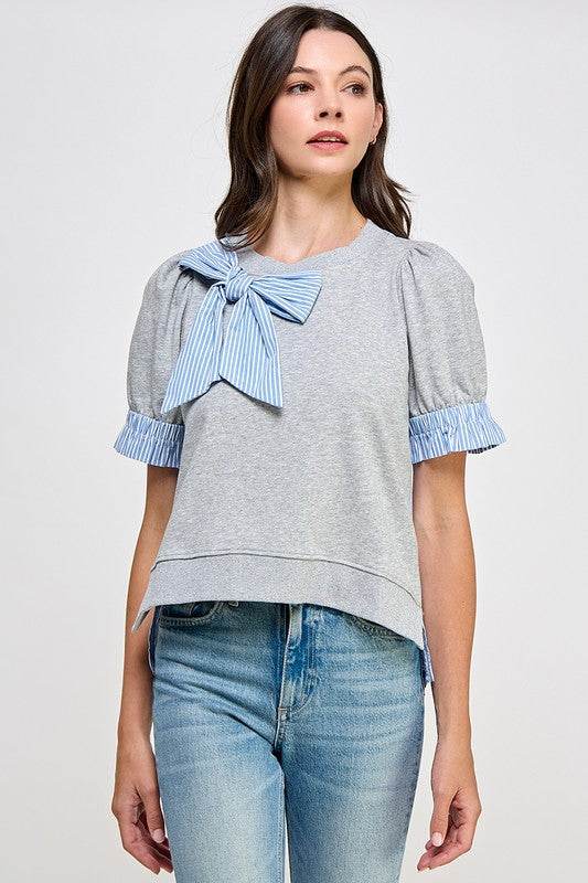 Grey Ribbon Detail Back Button Down Shirt