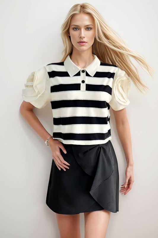 Striped Polo with Flower Sleeve