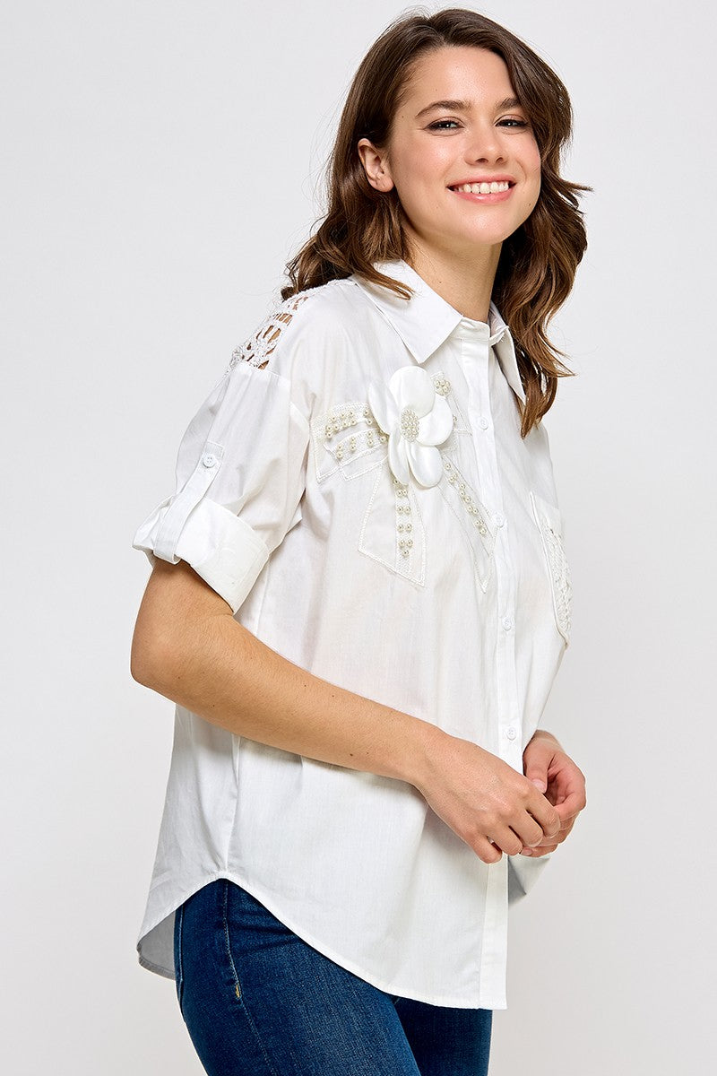 White Lace Patch  Shirt