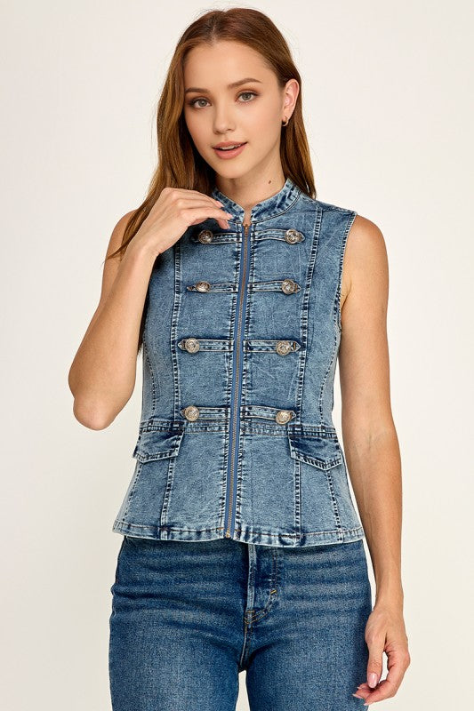 Pre-order Agosto 10 Denim Military Front Zippered Vest