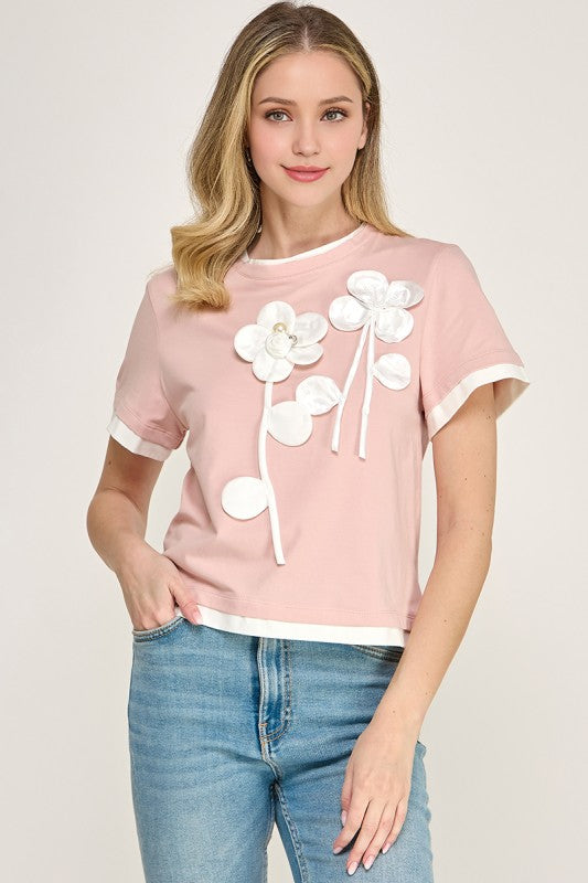 Pink 3D Flower T-Shirt