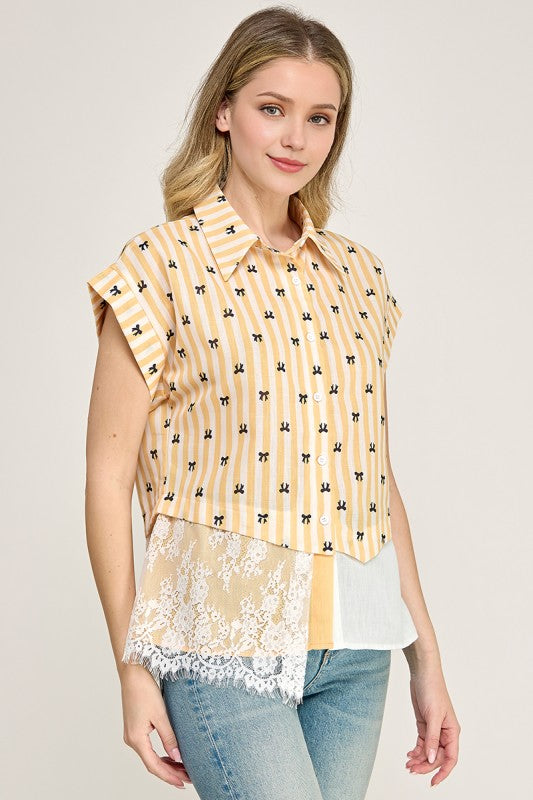 Yellow Assymetrical Lace Shir