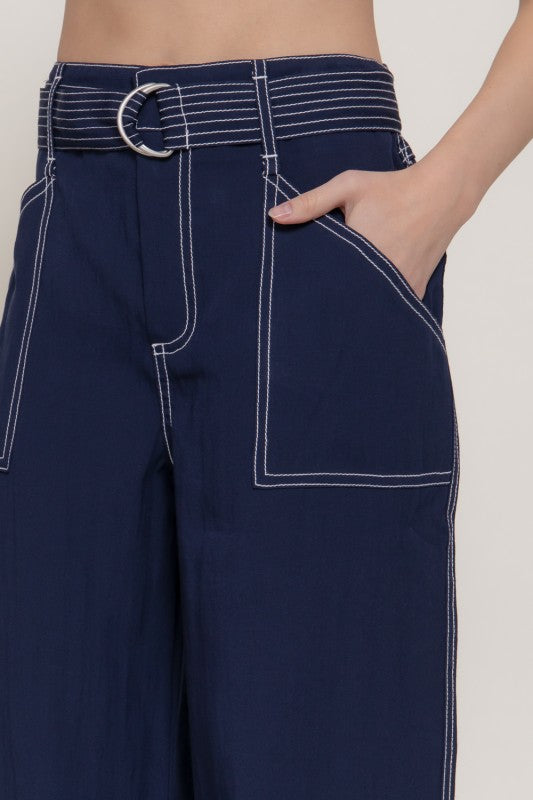 Navy Woven Wide Leg Pant (No Spandex)