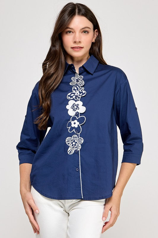 Pre-order June 14 Navy Flower Embroidery Shirt