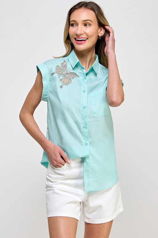 Mint Butterfly in Rhinestone Shirt