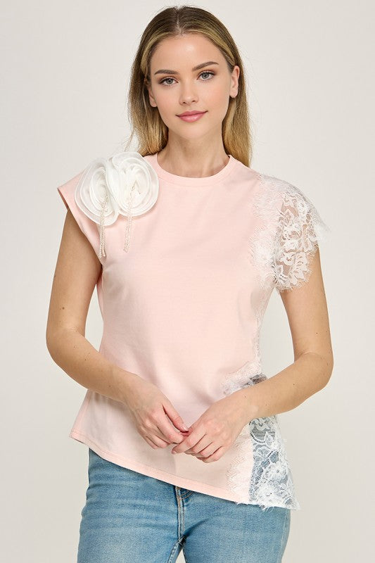 Pink Lace 3D Flower T-Shirt