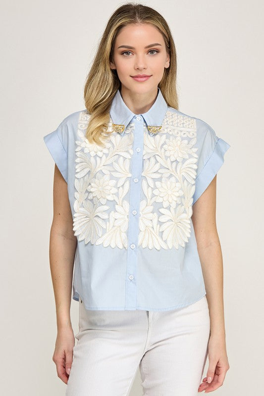Blue Floral Embroidery Shirt