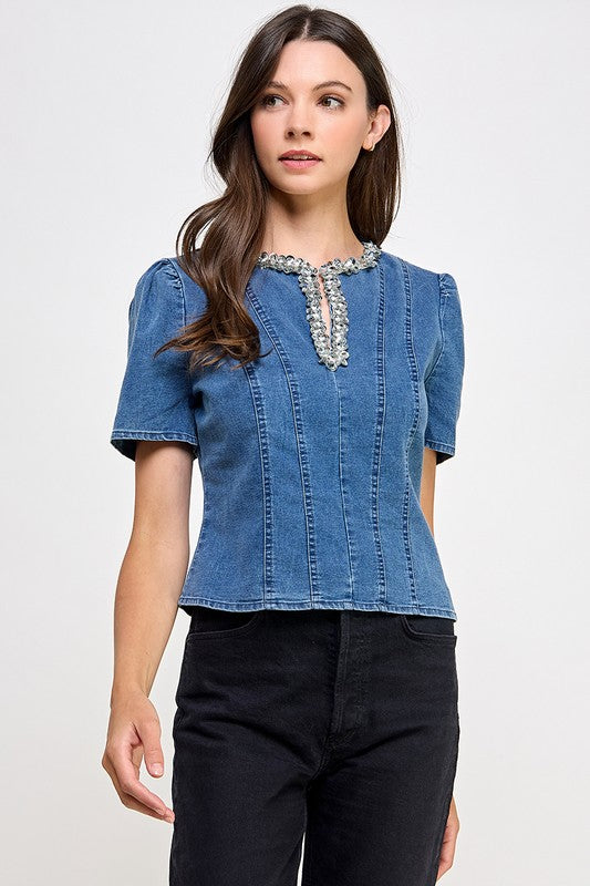 Rhinestone Details Denim T-Shirt