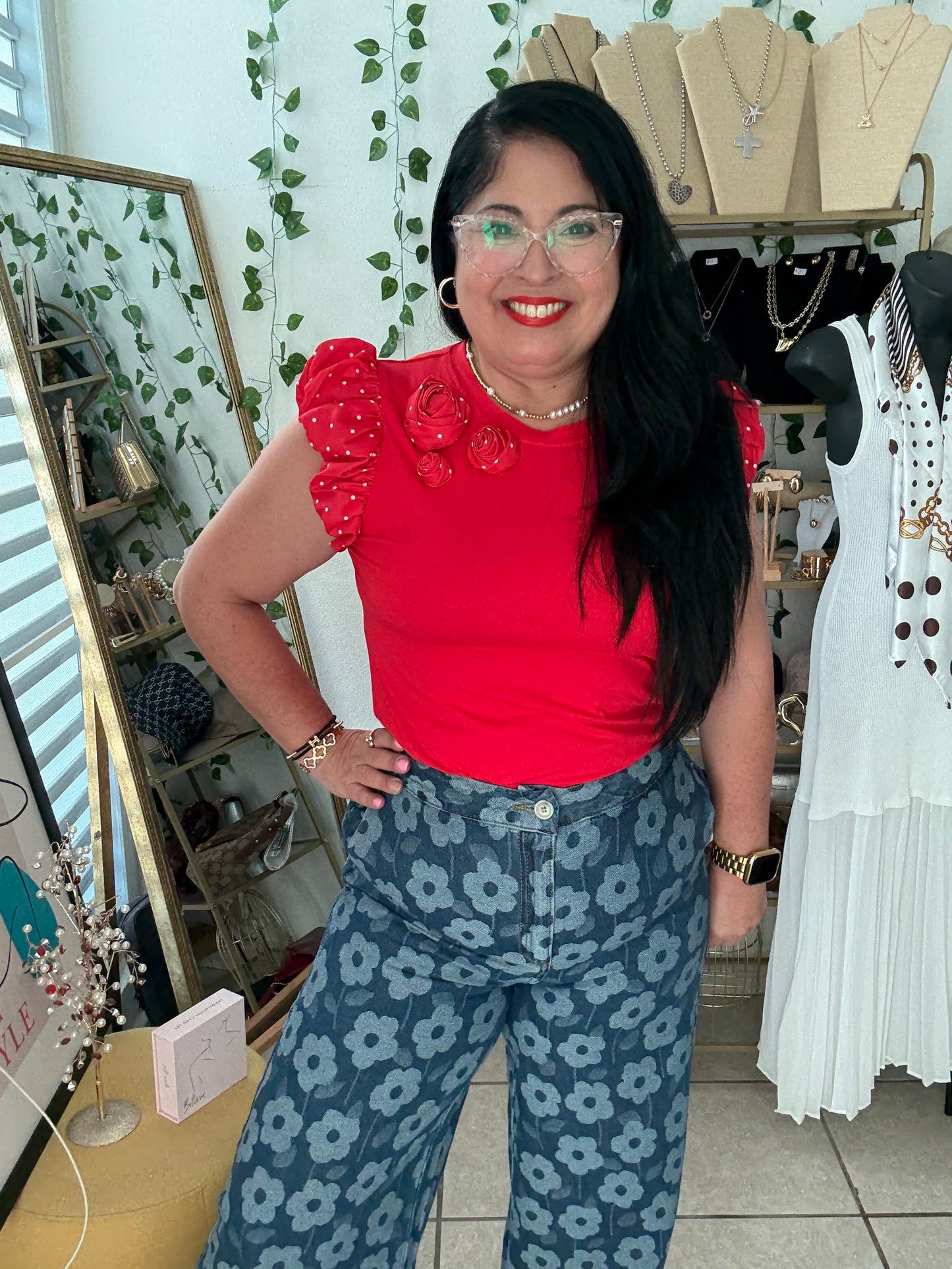 Red Ruffle Sleeve and Flower T-Shirt
