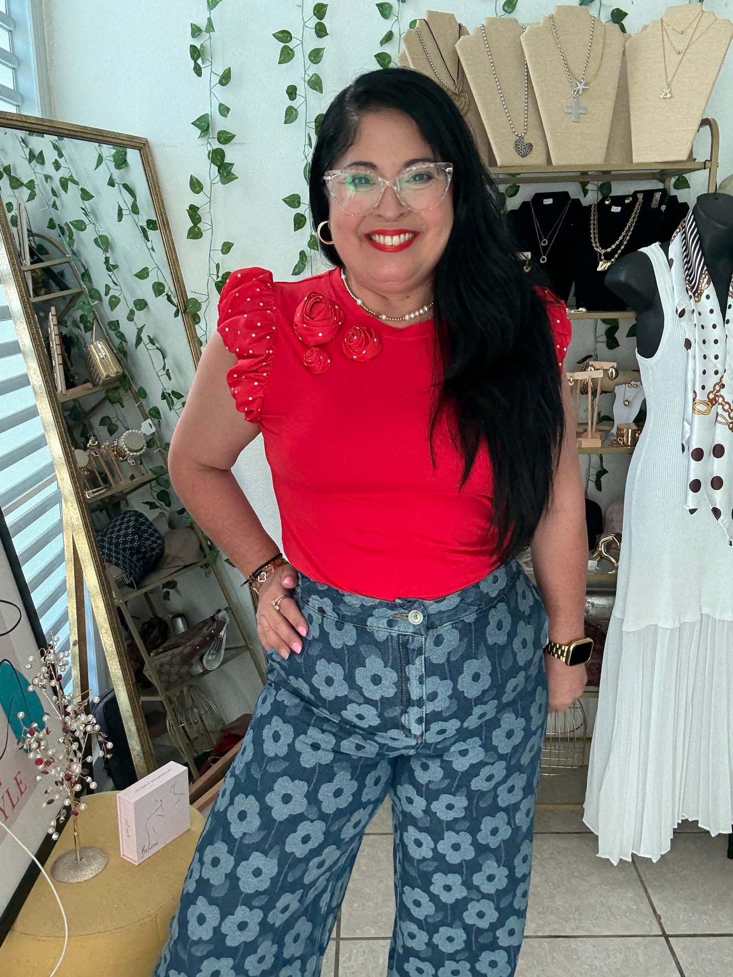 Red Ruffle Sleeve and Flower T-Shirt