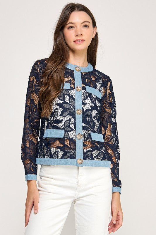 Navy Crochet Lace Jacket