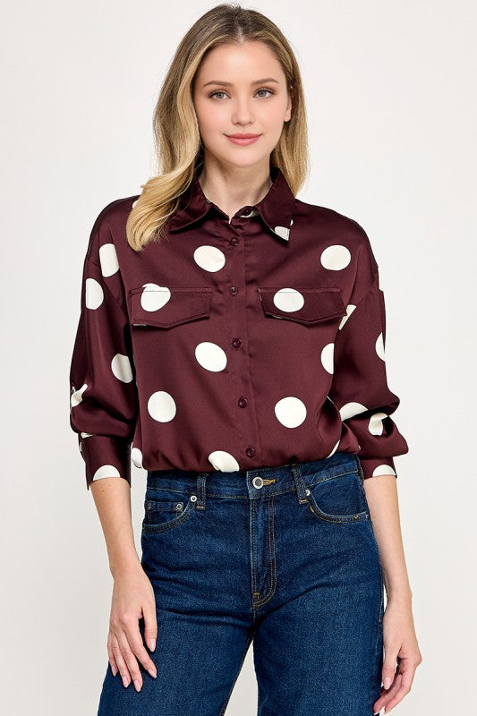 Pre-order Agosto 10 Burgundy Waistband Long Sleeve Satin Shirt