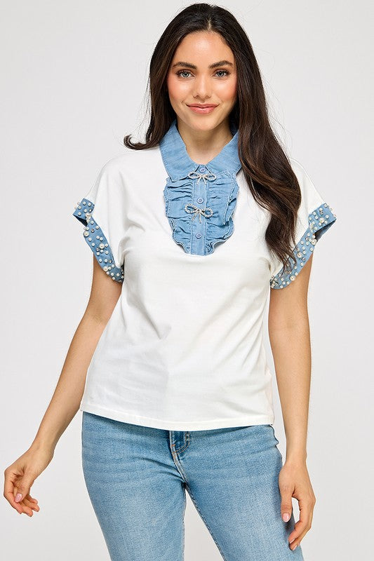 White Rhinestone Detail & Denim Top