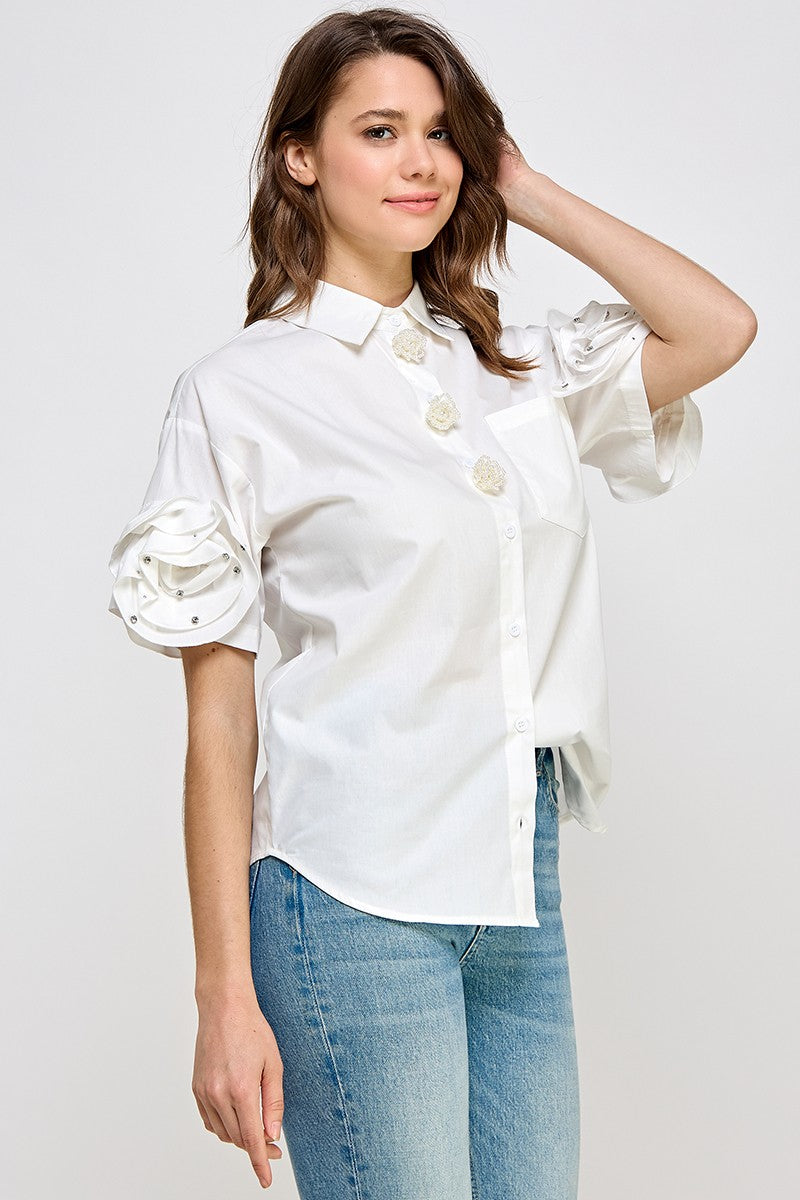 White Floral & Pearls Button Shirt