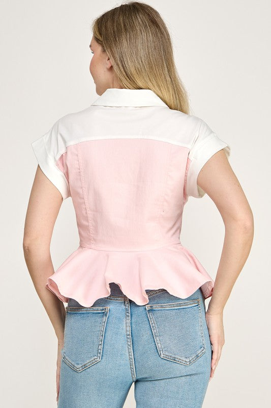 Pink Color Block Peplum Polo Top