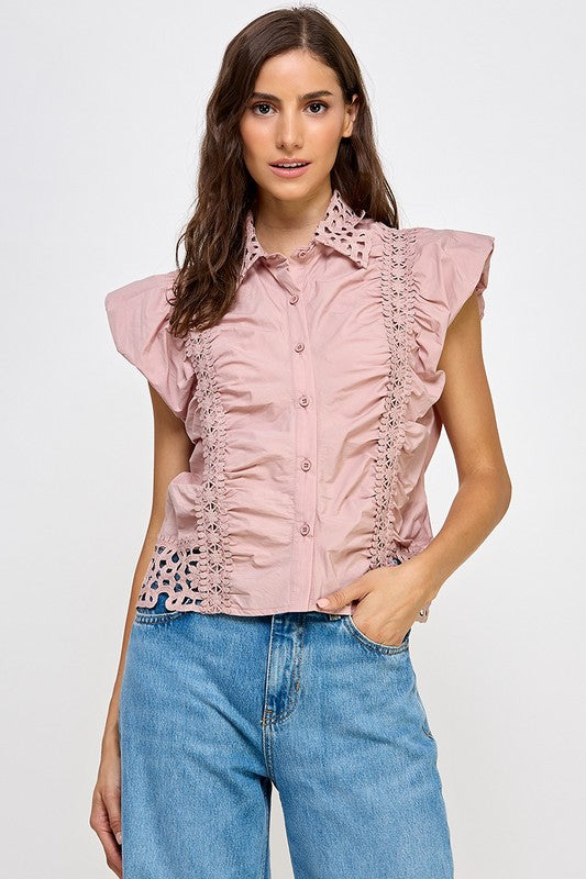 Mauve Lace Trim Button Down Shirt